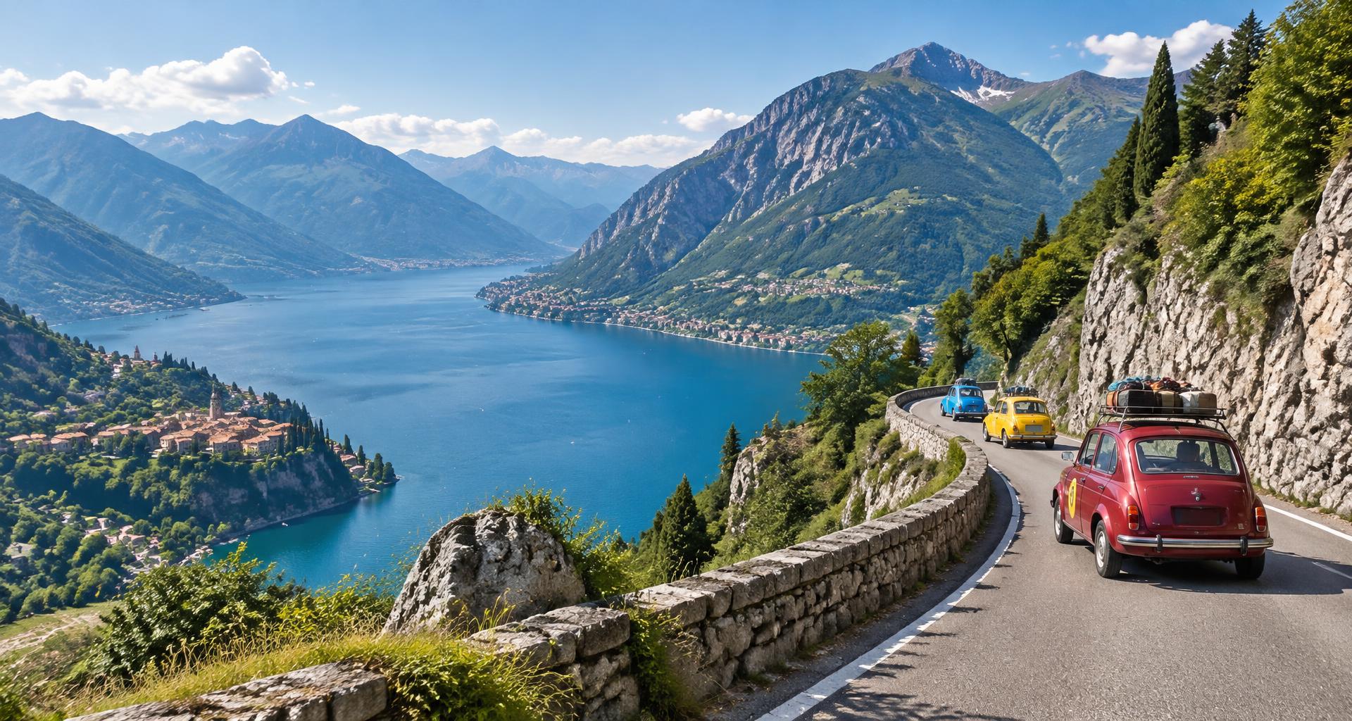 Colourful rally cars winding along a mountain road above Lake Como